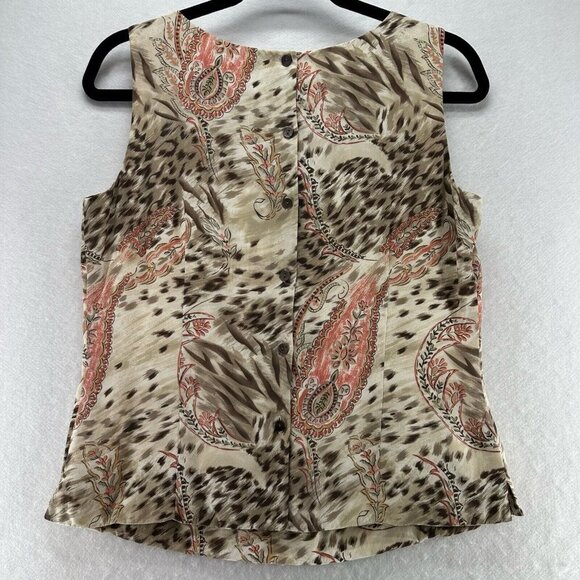 Charter Club Top Womens 8 Cheetah Paisley Print Back Button Shell Silk Beige - Picture 2 of 10
